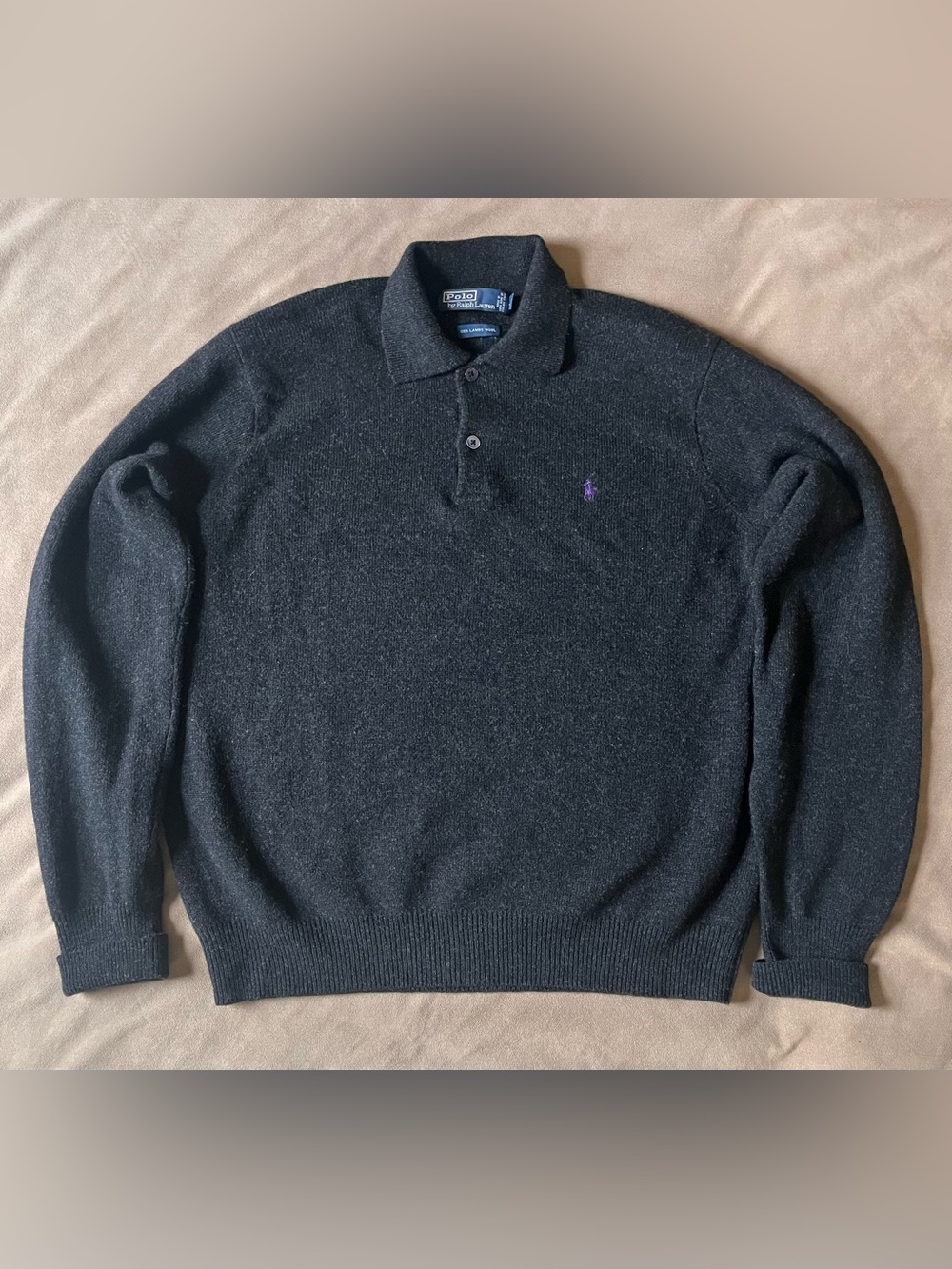 Vintage 90s Polo by Ralph Lauren Charcoal Lambswool Polo Sweater w/ Purple Pony